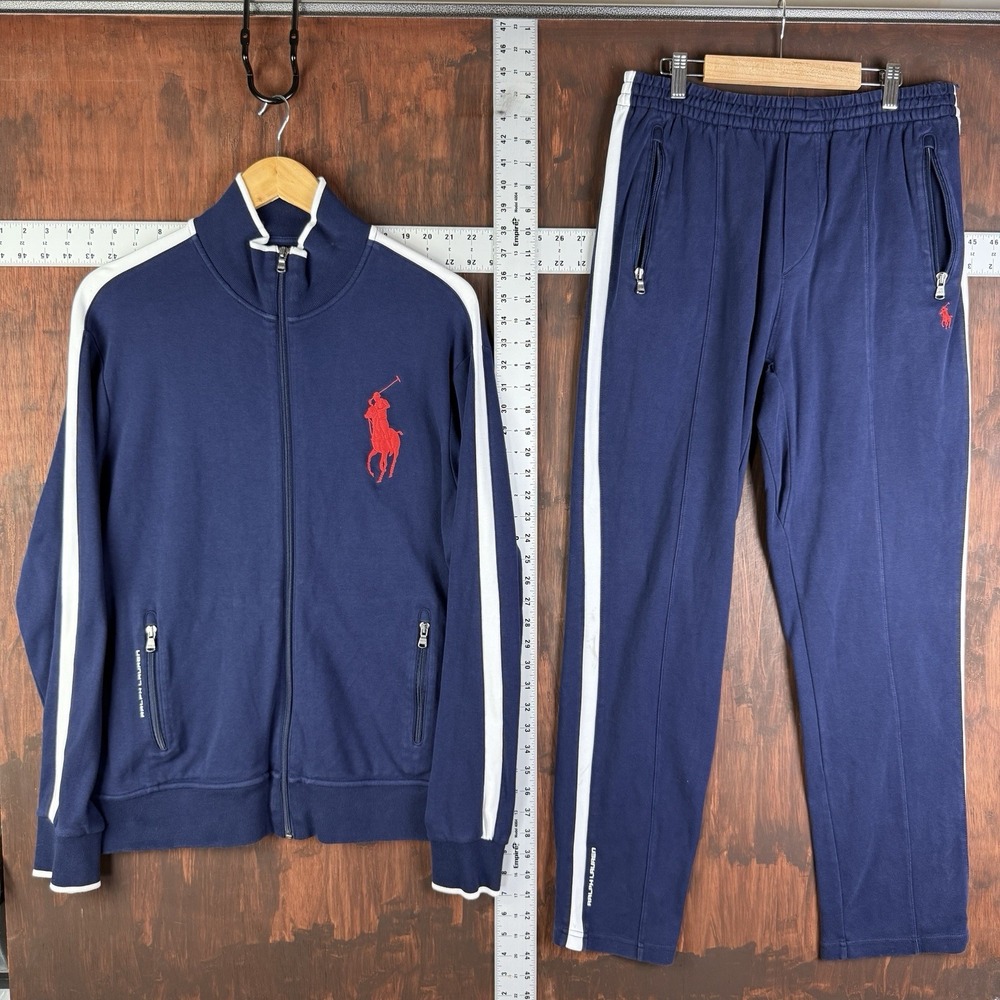 Polo Ralph Lauren Fleece Cotton Jacket‎ Blue Red Full Zip Track Suit Men L + M